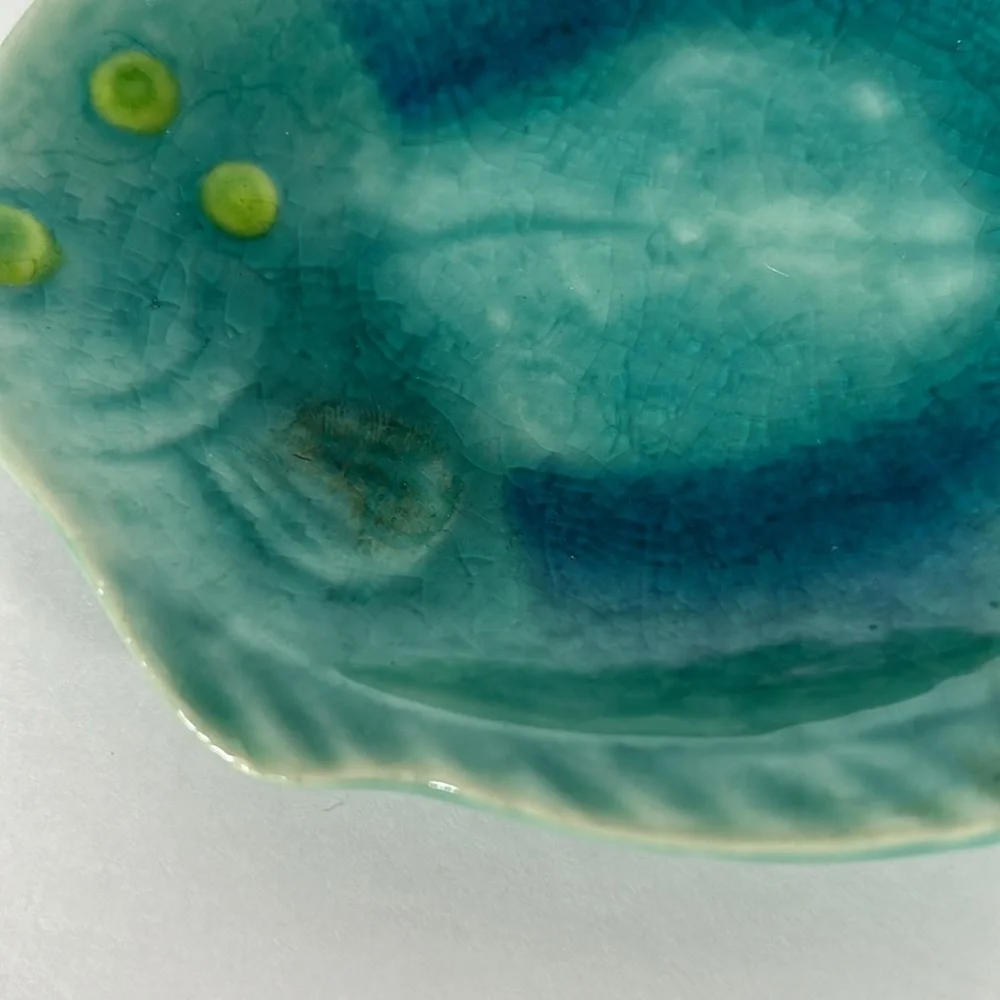 Crate & Barrel Japanese Crackle Ceramic Blue Green Fish Trinket/Kitchen Dish